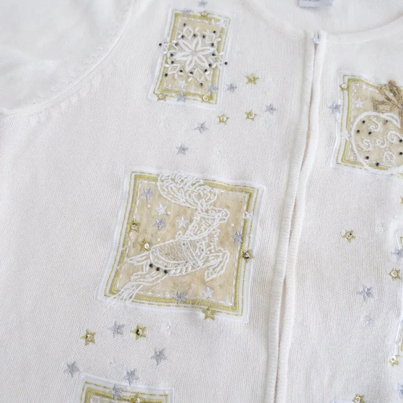 Vintage  Tiara Cream Ugly Christmas Beaded Reindeer Zip Up Cardigan Sweater XL - Picture 9 of 16